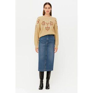 Vintage 1970s DKP Beige Knit Sweater With Ornate Embroidered Pattern Size XL